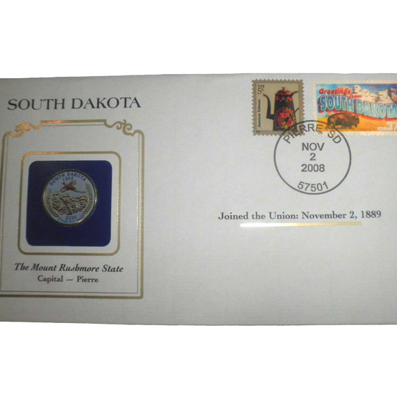 SOUTH DAKOTA COLORIZED QUARTER & FIRST DAY COVER- POSTAL COMMEMORATIVE SOCIETY - Picture 1 of 4